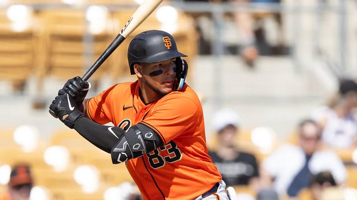 Mar 2, 2026; Phoenix, Arizona, USA; San Francisco Giants outfielder Victor Bericoto against the Chicago White Sox during a spring training game at Camelback Ranch-Glendale. Mandatory Credit: Mark J. Rebilas-Imagn Images