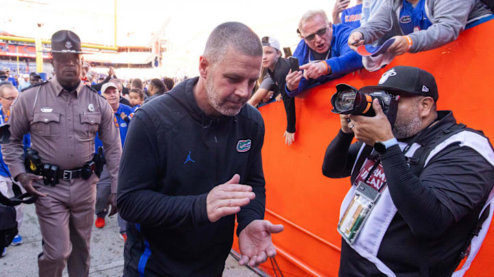 Florida Gators head coach Billy Napier claps his hands at Ben Hill Griffin Stadium in Gainesville, FL on Saturday, November 23, 2024 after the Gators defeated the Rebels 24-17 [Doug Engle/Gainesville Sun]