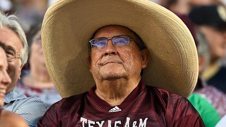 Aug 31, 2024; College Station, Texas, USA; A Texas A&M Aggies fan looks on during the game between the Texas A&M Aggies and the Notre Dame Fighting Irish at Kyle Field. Mandatory Credit: Maria Lysaker-Imagn Images Aug 31, 2024; College Station, Texas, USA; A Texas A&M Aggies fan looks on during the game between the Texas A&M Aggies and the Notre Dame Fighting Irish at Kyle Field. Mandatory Credit: Maria Lysaker-Imagn Images