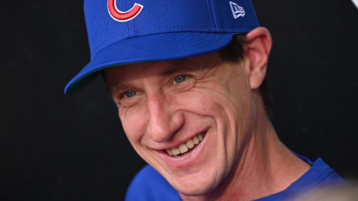 Jul 26, 2025; Chicago, Illinois, USA; Chicago Cubs manager Craig Counsell smiles while taking questions from the media prior to a game against the Chicago White Sox at Rate Field. Mandatory Credit: Patrick Gorski-Imagn Images