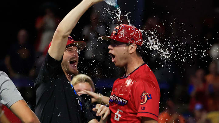Jacksonville Jumbo Shrimp pitcher Adam Mazur (1), douses pitcher Josh White (6) with water after the game of Game 3 of an MiLB International League Championship Series at VyStar Ballpark Thursday, Sept. 25, 2025 in Jacksonville, Fla. The Jacksonville Jumbo Shrimp defeated the Scranton/Wilkes-Barre RailRiders 7-4 and took home the title in a best-of-three game series Jacksonville Jumbo Shrimp pitcher Adam Mazur (1), douses pitcher Josh White (6) with water after the game of Game 3 of an MiLB International League Championship Series at VyStar Ballpark Thursday, Sept. 25, 2025 in Jacksonville, Fla. The Jacksonville Jumbo Shrimp defeated the Scranton/Wilkes-Barre RailRiders 7-4 and took home the title in a best-of-three game series