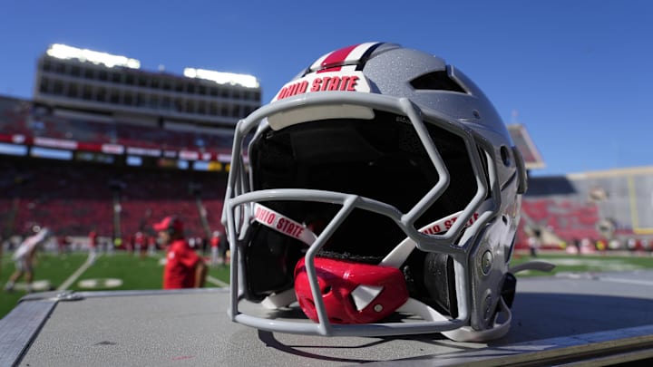 Oct 18, 2025; Madison, Wisconsin, USA; Detail view of an Ohio State Buckeyes helmet before the game against the Wisconsin Badgers at Camp Randall Stadium. Mandatory Credit: Jeff Hanisch-Imagn Images