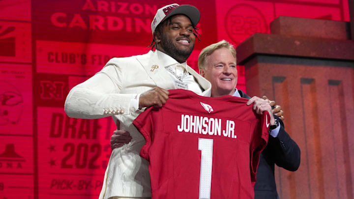 Apr 27, 2023; Kansas City, MO, USA;  Ohio State tackle Paris Johnson Jr. with NFL commissioner Roger