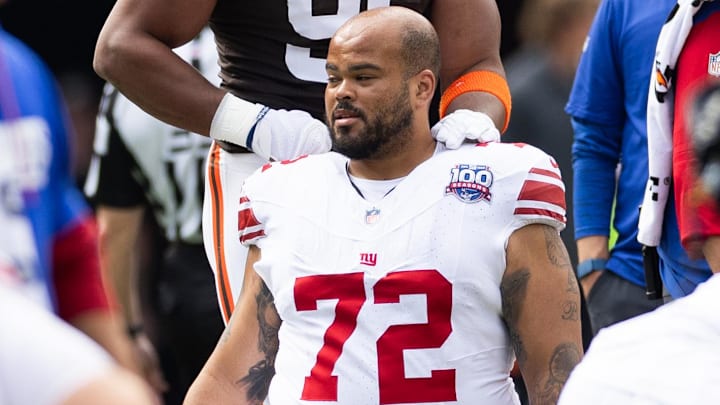 Sep 22, 2024; Cleveland, Ohio, USA; Cleveland Browns defensive end Myles Garrett (95) walks up to greet New York Giants guard Jermaine Eluemunor (72) during warm-ups before the game at Huntington Bank Field. Sep 22, 2024; Cleveland, Ohio, USA; Cleveland Browns defensive end Myles Garrett (95) walks up to greet New York Giants guard Jermaine Eluemunor (72) during warm-ups before the game at Huntington Bank Field.
