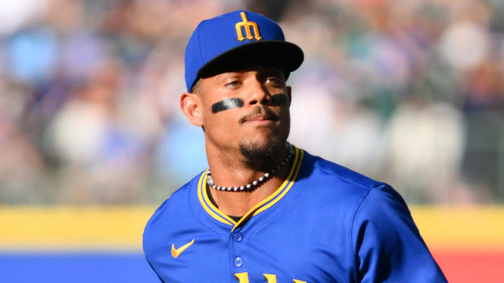 Seattle Mariners center fielder Julio Rodriguez is pictured before a game against the Toronto Blue Jays on Friday at T-Mobile Park. Seattle Mariners center fielder Julio Rodriguez is pictured before a game against the Toronto Blue Jays on Friday at T-Mobile Park.