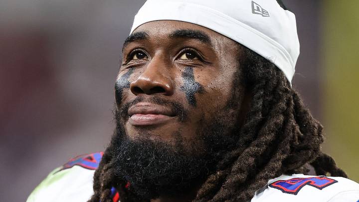 Oct 18, 2026; Paradise, Nevada, USA; Buffalo Bills running back James Cook III (4) on the sidelines during the fourth quarter against the Las Vegas Raiders at Allegiant Stadium. Mandatory Credit: Christopher Trim-Imagn Images
