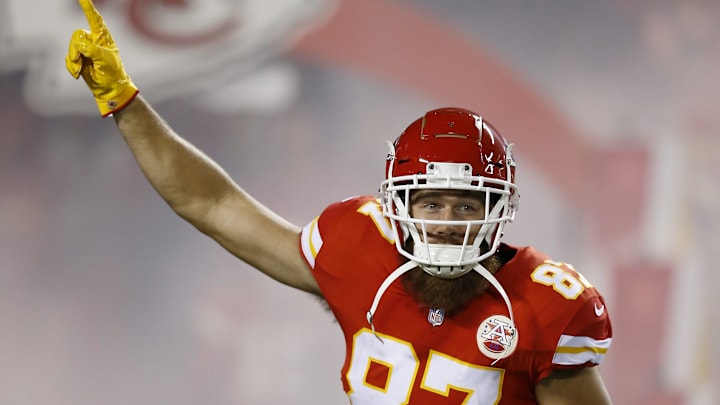 Kansas City Chiefs tight end Travis Kelce (87) runs on the field as he's introduced in the first quarter of the game between the Kansas City Chiefs and the Cincinnati Bengals at Arrowhead Stadium in Kansas City on Oct. 16, 2018.