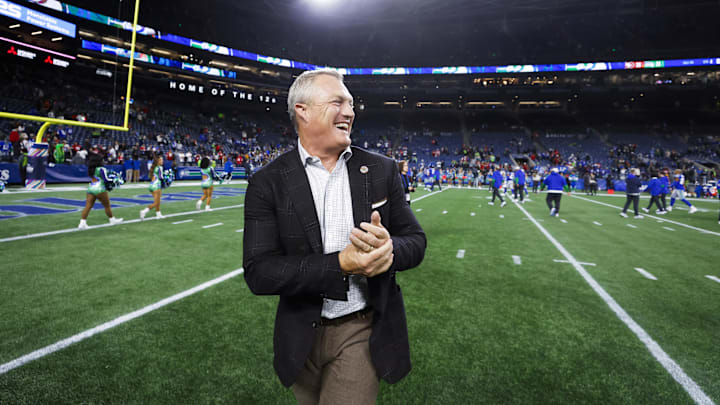 Oct 10, 2024; Seattle, Washington, USA; San Francisco 49ers general manager John Lynch celebrates following a victory against the Seattle Seahawks at Lumen Field. Mandatory Credit: Joe Nicholson-Imagn Images Oct 10, 2024; Seattle, Washington, USA; San Francisco 49ers general manager John Lynch celebrates following a victory against the Seattle Seahawks at Lumen Field. Mandatory Credit: Joe Nicholson-Imagn Images