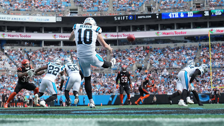 Sep 29, 2024; Charlotte, North Carolina, USA; Carolina Panthers punter Johnny Hekker (10) punts the ball in the fourth quarter at Bank of America Stadium. Mandatory Credit: Bob Donnan-Imagn Images