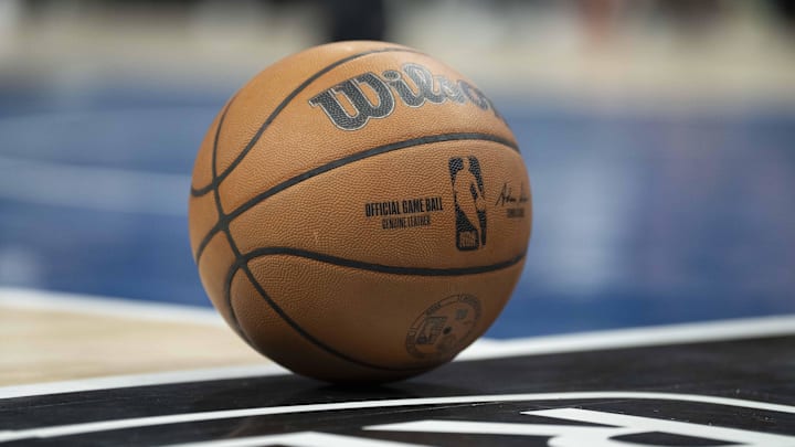 Apr 12, 2026; Minneapolis, Minnesota, USA; A general view of the game ball on the court during a timeout in a game between the New Orleans Pelicans and Minnesota Timberwolves at Target Center. Mandatory Credit: Jesse Johnson-Imagn Images