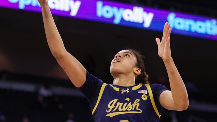 Mar 6, 2026; Duluth, GA, USA; Notre Dame Fighting Irish guard Cassandre Prosper (8) shoots against the North Carolina State Wolfpack in the second quarter at Gas South Arena. Mandatory Credit: Brett Davis-Imagn Images
