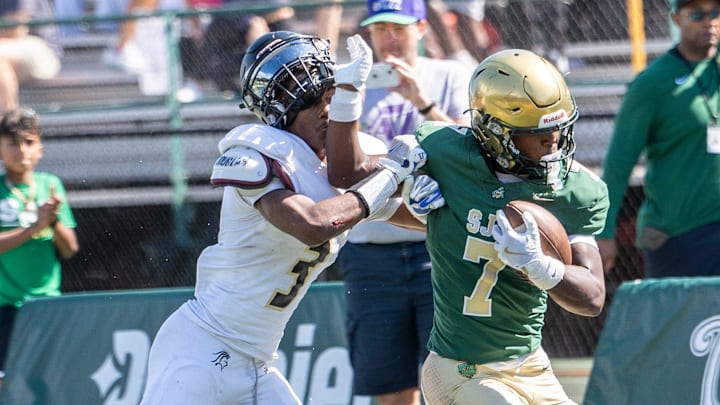 Paramus Catholic football at St. Joseph Regional, Saturday, Sept. 21, 2024, Montvale, New Jersey. From left, PC #3 Isaiah Selby and SJ #7 Nathan Bailey.