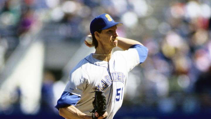 Seattle Mariners pitcher Randy Johnson delivers a pitch against the Milwaukee Brewers at Milwaukee County Stadium in 1990.