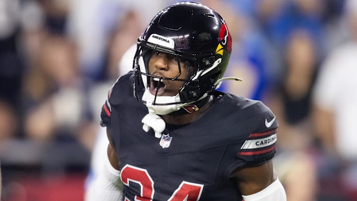 Oct 21, 2024; Glendale, Arizona, USA; Arizona Cardinals safety Jalen Thompson (34) celebrates after recovering a fumble from the Los Angeles Chargers in the first half at State Farm Stadium. Mandatory Credit: Mark J. Rebilas-Imagn Images Oct 21, 2024; Glendale, Arizona, USA; Arizona Cardinals safety Jalen Thompson (34) celebrates after recovering a fumble from the Los Angeles Chargers in the first half at State Farm Stadium. Mandatory Credit: Mark J. Rebilas-Imagn Images