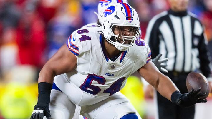 Jan 26, 2025; Kansas City, MO, USA; Buffalo Bills guard O'Cyrus Torrence (64) against the Kansas City Chiefs during the AFC Championship game at GEHA Field at Arrowhead Stadium. Mandatory Credit: Mark J. Rebilas-Imagn Images Jan 26, 2025; Kansas City, MO, USA; Buffalo Bills guard O'Cyrus Torrence (64) against the Kansas City Chiefs during the AFC Championship game at GEHA Field at Arrowhead Stadium. Mandatory Credit: Mark J. Rebilas-Imagn Images
