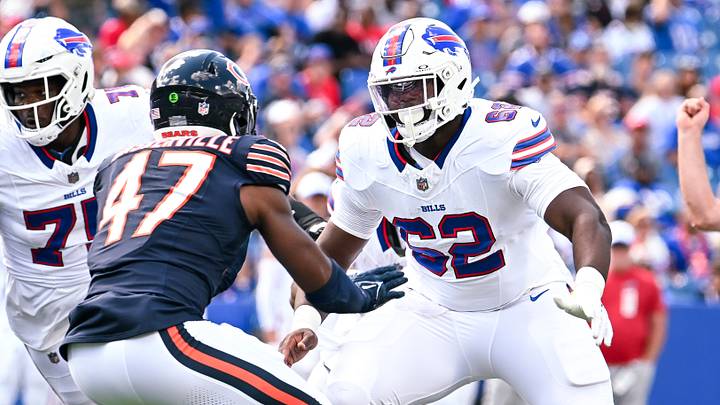 Aug 10, 2024; Orchard Park, New York, USA; Buffalo Bills center Sedrick Van Pran-Granger (62)makes a block on Chicago Bears linebacker Micah Baskerville (47) in the third quarter of a pre-season game at Highmark Stadium. Mandatory Credit: Mark Konezny-USA TODAY Sports Aug 10, 2024; Orchard Park, New York, USA; Buffalo Bills center Sedrick Van Pran-Granger (62)makes a block on Chicago Bears linebacker Micah Baskerville (47) in the third quarter of a pre-season game at Highmark Stadium. Mandatory Credit: Mark Konezny-USA TODAY Sports