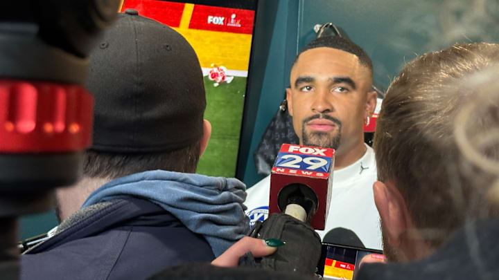 Jalen Hurts talks to media on Eagles' cleanout day after winning Super Bowl LIX.