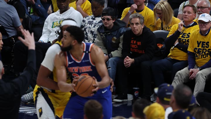 May 27, 2025; Indianapolis, Indiana, USA; Timothée Chalamet and Ben Stiller watch play during the fourth quarter of game four of the eastern conference finals between the Indiana Pacers and the New York Knicks for the 2025 NBA Playoffs at Gainbridge Fieldhouse. Mandatory Credit: Trevor Ruszkowski-Imagn Images May 27, 2025; Indianapolis, Indiana, USA; Timothée Chalamet and Ben Stiller watch play during the fourth quarter of game four of the eastern conference finals between the Indiana Pacers and the New York Knicks for the 2025 NBA Playoffs at Gainbridge Fieldhouse. Mandatory Credit: Trevor Ruszkowski-Imagn Images