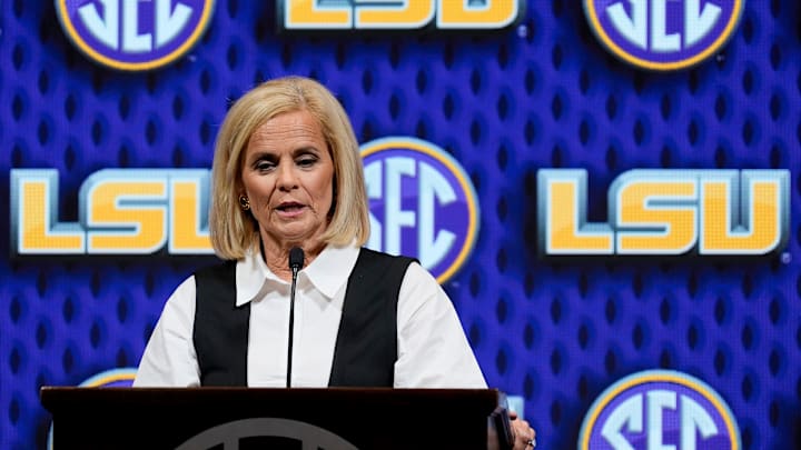 LSU head coach Kim Mulkey speaks during SEC Media Day. LSU head coach Kim Mulkey speaks during SEC Media Day.