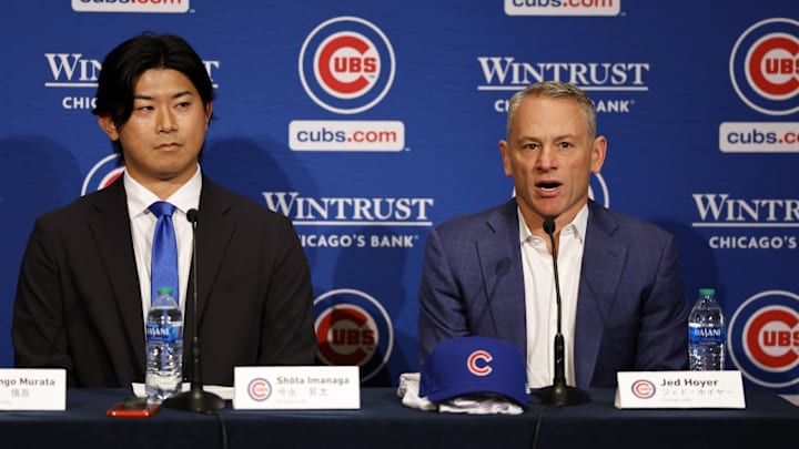 Jan 12, 2024; Chicago, IL, USA; Chicago Cubs president of baseball operations Jed Hoyer introduces pitcher Shota Imanaga during a press conference at Loews Chicago Hotel
