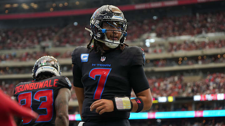 Oct 26, 2025; Houston, Texas, USA; Houston Texans quarterback C.J. Stroud (7) reacts during the second half against the San Francisco 49ers at NRG Stadium. Mandatory Credit: Sean Thomas-Imagn Images
