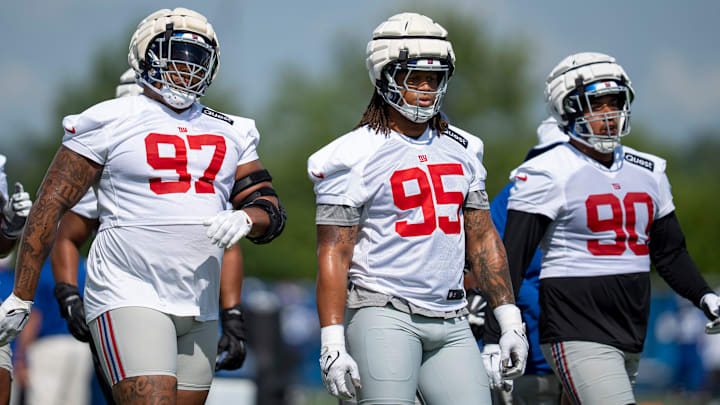 New York Giants defensive tackle Dexter Lawrence II (97), New York Giants defensive tackle Jordon Riley (95), and New York Giants defensive end Elijah Garcia (90) walk together during day one of the New York Giants training camp at Quest Diagnostics Giants Training Center in East Rutherford on Wednesday, July 23, 2025. New York Giants defensive tackle Dexter Lawrence II (97), New York Giants defensive tackle Jordon Riley (95), and New York Giants defensive end Elijah Garcia (90) walk together during day one of the New York Giants training camp at Quest Diagnostics Giants Training Center in East Rutherford on Wednesday, July 23, 2025.