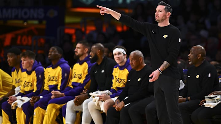 Los Angeles Lakers head coach JJ Redick reacts against the Houston Rockets during the second half at Crypto.com Arena.