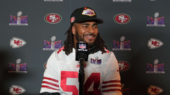 Feb 7, 2024; Las Vegas, NV, USA; San Francisco 49ers linebacker Fred Warner (54) during a press conference before Super Bowl LVIII at Hilton Lake Las Vegas Resort and Spa. Mandatory Credit: Kyle Terada-USA TODAY Sports Feb 7, 2024; Las Vegas, NV, USA; San Francisco 49ers linebacker Fred Warner (54) during a press conference before Super Bowl LVIII at Hilton Lake Las Vegas Resort and Spa. Mandatory Credit: Kyle Terada-USA TODAY Sports