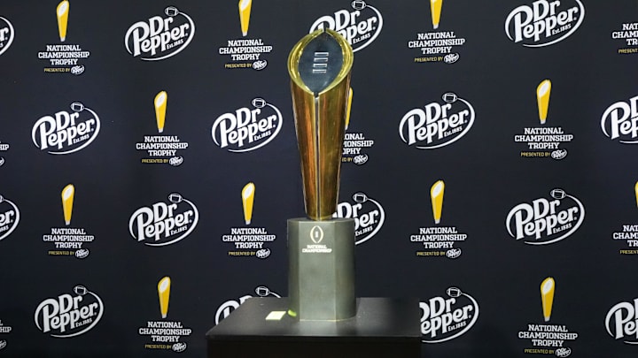 Jan 7, 2024; Houston, TX, USA; The College Football Playoff national championship trophy at the CFP Fan Central at the George R. Brown Convention Center. Mandatory Credit: Kirby Lee-USA TODAY Sports