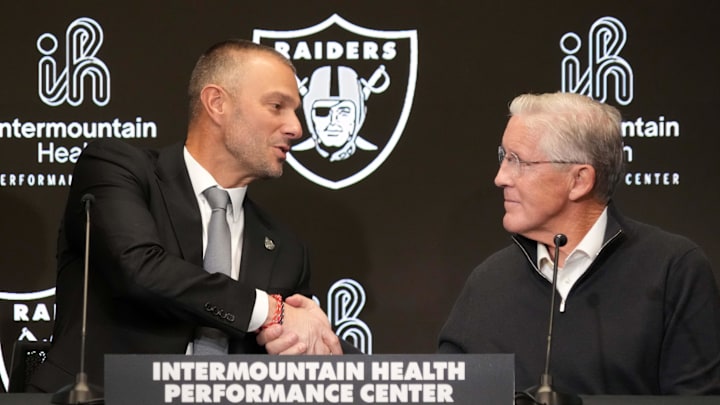 Jan 27, 2025; Las Vegas, NV, USA; Las Vegas Raiders general manager John Spytek (left) and coach Pete Carroll at press conference at Intermountain Health Performance Center. Mandatory Credit: Kirby Lee-Imagn Images Jan 27, 2025; Las Vegas, NV, USA; Las Vegas Raiders general manager John Spytek (left) and coach Pete Carroll at press conference at Intermountain Health Performance Center. Mandatory Credit: Kirby Lee-Imagn Images