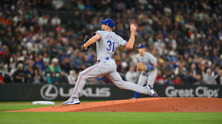 Sep 14, 2024; Seattle, Washington, USA; Texas Rangers starting pitcher Max Scherzer (31) pitches to the Seattle Mariners during the first inning at T-Mobile Park.