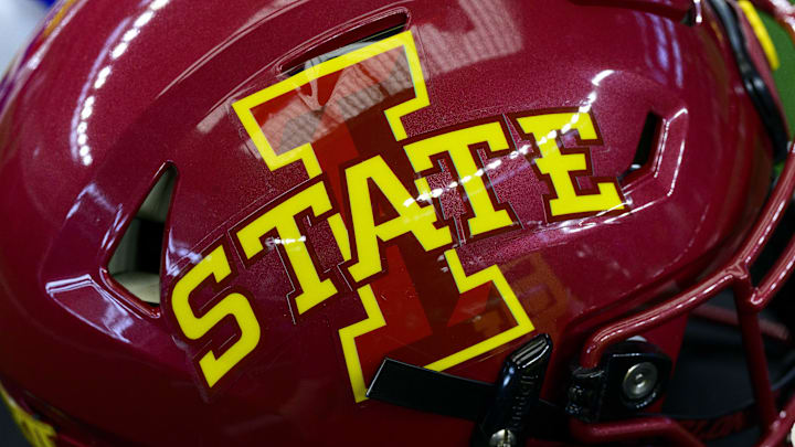 Jul 14, 2022; Arlington, TX, USA; A view of the Iowa State Cyclones helmet logo during the Big 12 Media Day at AT&T Stadium. Jul 14, 2022; Arlington, TX, USA; A view of the Iowa State Cyclones helmet logo during the Big 12 Media Day at AT&T Stadium.