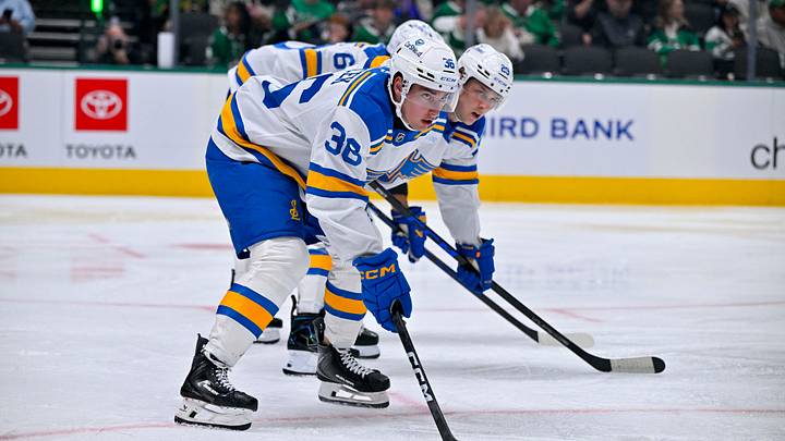 Oct 2, 2026; Dallas, Texas, USA; St. Louis Blues defenseman Adam Jiricek (36) skates against the Dallas Stars during the game at the American Airlines Center. Mandatory Credit: Jerome Miron-Imagn Images