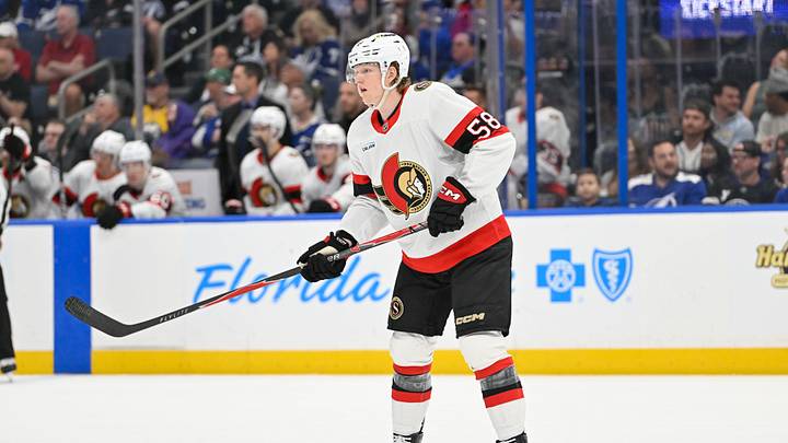 Mar 28, 2026; Tampa, Florida, USA; Ottawa Senators defenseman Carter Yakemchuk (58) skates during the third period against Tampa Bay Lightning at Benchmark International Arena. Mandatory Credit: Pablo Robles-Imagn Images