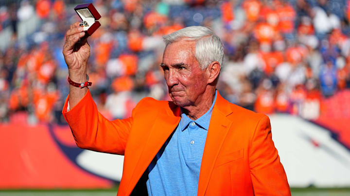 Oct 17, 2021; Denver, Colorado, USA; Former Denver Broncos head coach and Ring of Fame induction of Mike Shanahan during the game against the Las Vegas Raiders at Empower Field at Mile High. 
