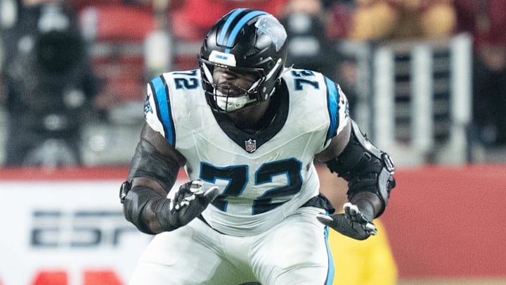 November 24, 2025; Santa Clara, California, USA; Carolina Panthers offensive tackle Taylor Moton (72) during the fourth quarter against the San Francisco 49ers at Levi's Stadium. Mandatory Credit: Kyle Terada-Imagn Images