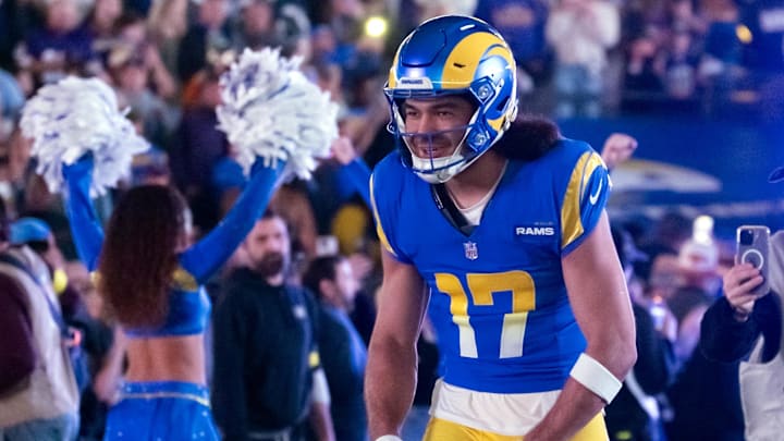 Jan 13, 2025; Glendale, AZ, USA; Los Angeles Rams wide receiver Puka Nacua (17) against the Minnesota Vikings during an NFC wild card game at State Farm Stadium. Mandatory Credit: Mark J. Rebilas-Imagn Images
