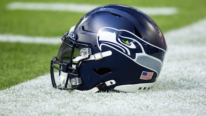 Detailed view of a Seattle Seahawks helmet at State Farm Stadium.