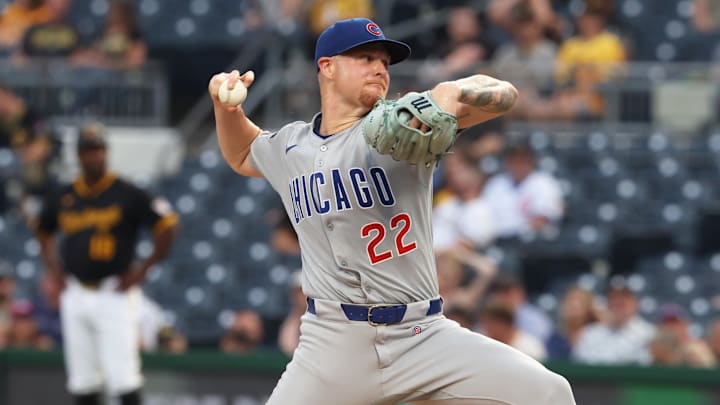 Cade Horton of Chicago Cubs throws ball from right han