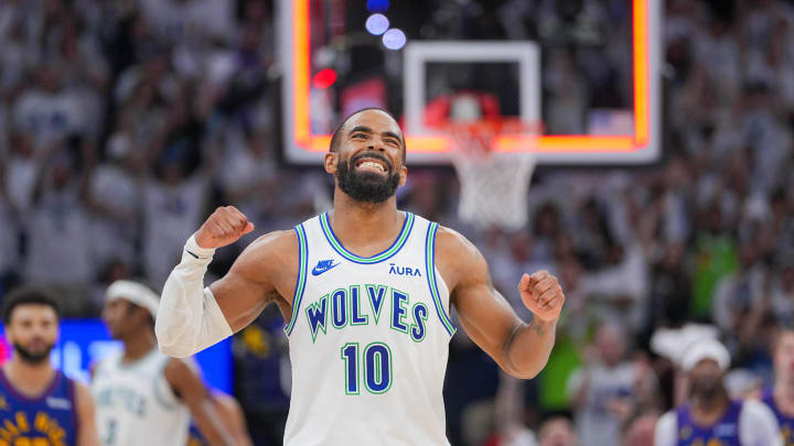 May 16, 2024; Minneapolis, Minnesota, USA; Minnesota Timberwolves guard Mike Conley (10) celebrates a basket against the Denver Nuggets in the second quarter during game six of the second round for the 2024 NBA playoffs at Target Center. Mandatory Credit: Brad Rempel-USA TODAY Sports May 16, 2024; Minneapolis, Minnesota, USA; Minnesota Timberwolves guard Mike Conley (10) celebrates a basket against the Denver Nuggets in the second quarter during game six of the second round for the 2024 NBA playoffs at Target Center. Mandatory Credit: Brad Rempel-USA TODAY Sports