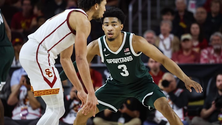 Feb 1, 2025; Los Angeles, California, USA;  Michigan State Spartans guard Jaden Akins (3) plays on defense against the USC Trojans at Galen Center. Mandatory Credit: William Navarro-Imagn Images