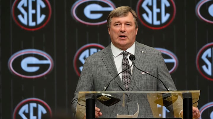 July 15, 2025; Atlanta, GA, USA; Georgia head coach Kirby Smart speaks in the Main Media Room during SEC Media Days at the College Football Hall of Fame in Atlanta. July 15, 2025; Atlanta, GA, USA; Georgia head coach Kirby Smart speaks in the Main Media Room during SEC Media Days at the College Football Hall of Fame in Atlanta.