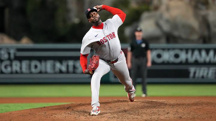 Jul 5, 2026; Anaheim, California, USA; Boston Red Sox pitcher Aroldis Chapman (44) throws in the ninth inning against the Los Angeles Angels at Angel Stadium. Mandatory Credit: Kirby Lee-Imagn Images Jul 5, 2026; Anaheim, California, USA; Boston Red Sox pitcher Aroldis Chapman (44) throws in the ninth inning against the Los Angeles Angels at Angel Stadium. Mandatory Credit: Kirby Lee-Imagn Images