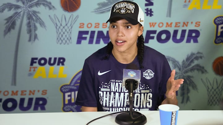 Connecticut Huskies guard Azzi Fudd (35) speaks to the media after the national championship of the women's 2025 NCAA tournament against the South Carolina Gamecocks at Amalie Arena.