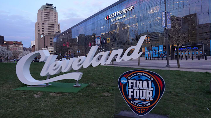 Apr 4, 2024; Cleveland, OH, USA; A general overall view of Cleveland letters and the NCAA Women's Final Four at the Rocket Mortgage FieldHouse