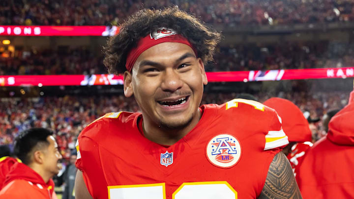 Jan 26, 2025; Kansas City, MO, USA; Kansas City Chiefs offensive tackle Kingsley Suamataia (76) celebrates after defeating the Buffalo Bills in the AFC Championship game at GEHA Field at Arrowhead Stadium. Mandatory Credit: Mark J. Rebilas-Imagn Images