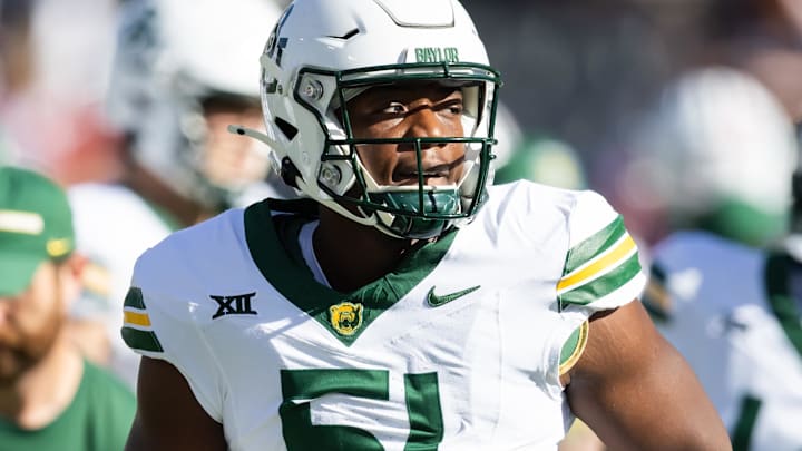 Nov 22, 2025; Tucson, Arizona, USA; Baylor Bears linebacker Kamauryn Morgan (51) against the Arizona Wildcats at Casino Del Sol Stadium. Mandatory Credit: Mark J. Rebilas-Imagn Images