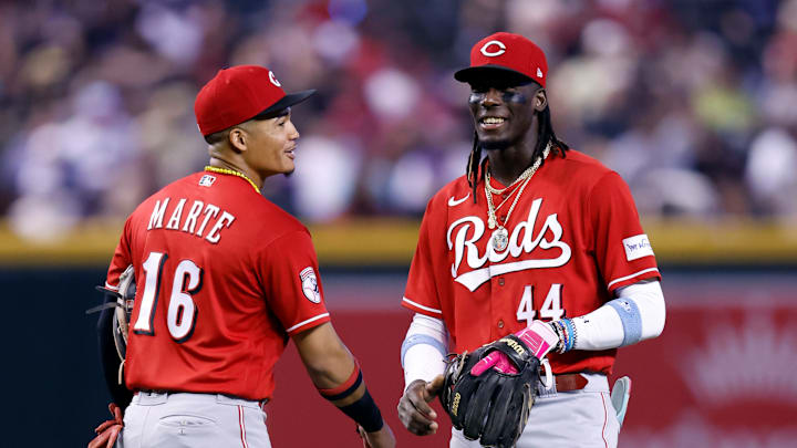 Cincinnati Reds infielders Noelvi Marte and Elly De La Cruz