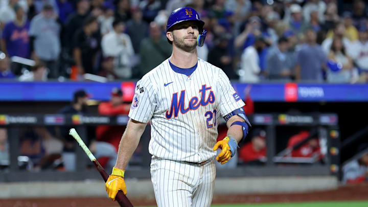 Sep 16, 2024; New York City, New York, USA; New York Mets first baseman Pete Alonso (20) reacts after striking out during the ninth inning against the Washington Nationals at Citi Field. Mandatory Credit: Brad Penner-Imagn Images