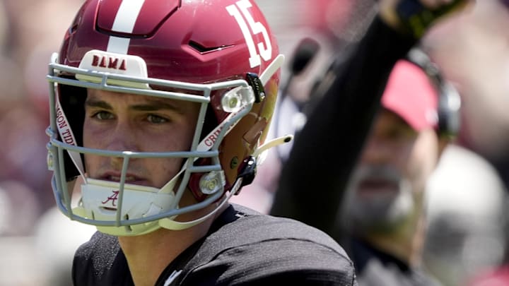 Apr 12, 2025; Tuscaloosa, AL, USA;  Alabama quarterback Ty Simpson (15) runs a drill during A-Day at Bryant-Denny Stadium. Mandatory Credit: Gary Cosby Jr.-Imagn Images
